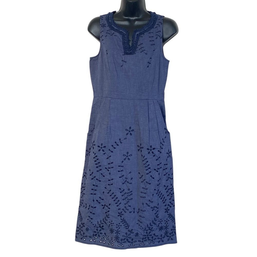 Maine New England Navy Blue Sleeveless Eyelet Lace Crochet Trim Midi Dress Sz 10